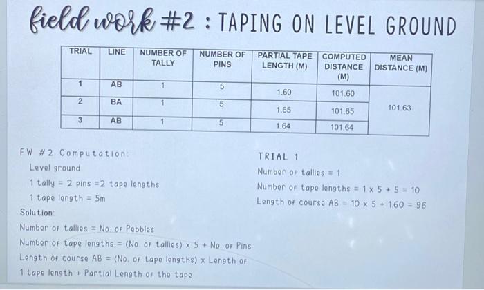 Solved field work #2 : TAPING ON LEVEL GROUND TRIAL LINE | Chegg.com