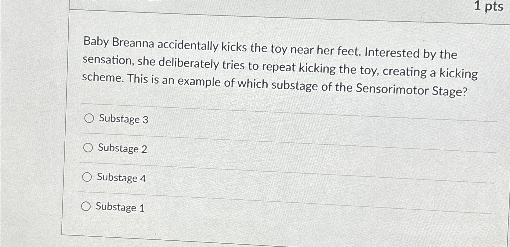 Solved 1 ﻿ptsBaby Breanna accidentally kicks the toy near | Chegg.com