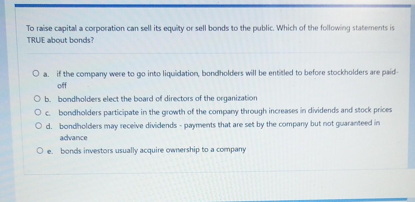 Solved To Raise Capital A Corporation Can Sell Its Equity Or | Chegg.com