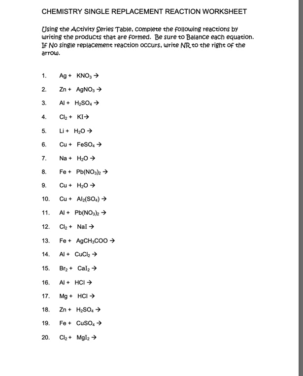 Solved CHEMISTRY SINGLE REPLACEMENT REACTION WORKSHEETUsing | Chegg.com