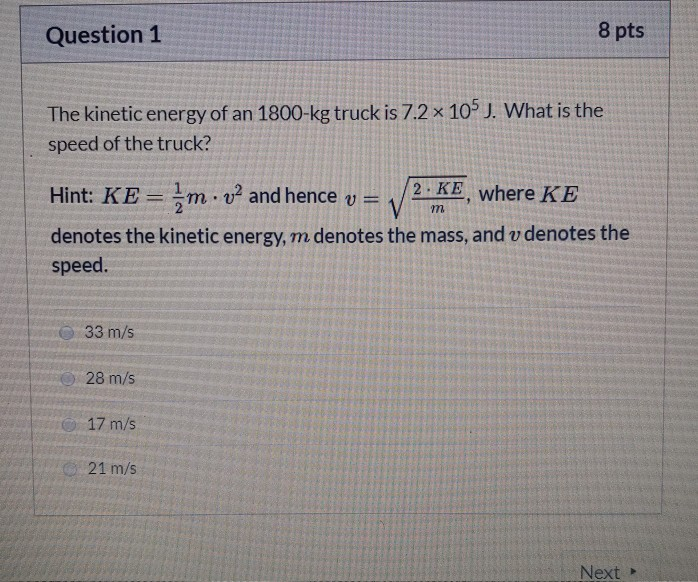 Solved Question 1 8 pts The kinetic energy of an 1800-kg | Chegg.com