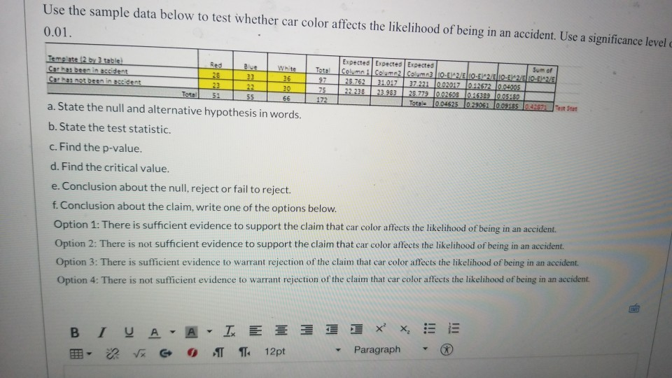 Solved Use the sample data below to test whether car color | Chegg.com