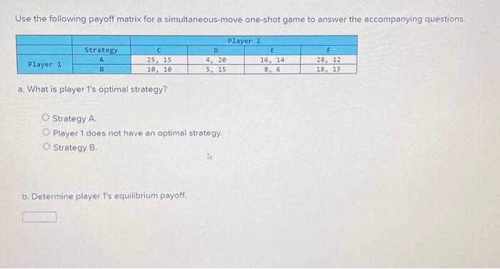 Solved Use the following payoff matrix for a | Chegg.com