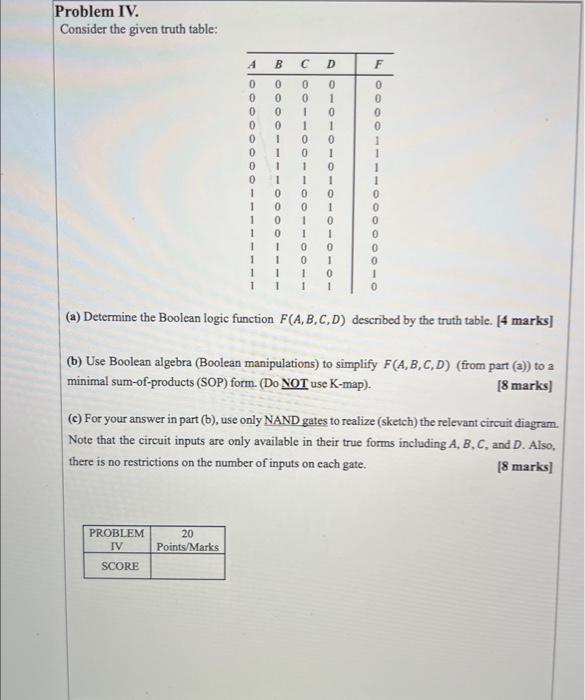 Solved Problem IV. Consider The Given Truth Table: (a) | Chegg.com