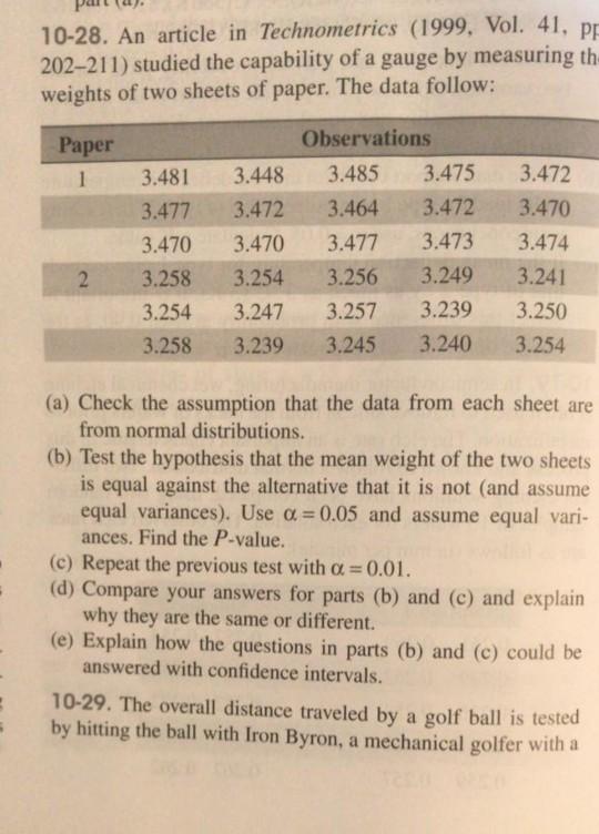Solved 10-28. An article in Technometrics (1999, Vol. 41, PE | Chegg.com