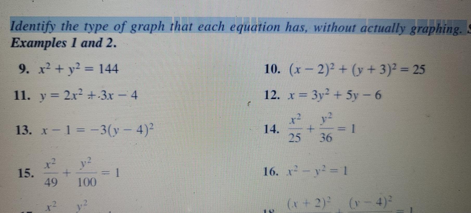 Solved Identify the type of graph that each equation has, | Chegg.com