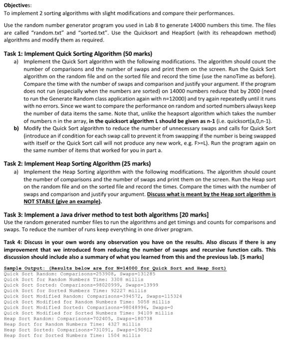 Solved To implement 2 sorting algorithms with slight | Chegg.com