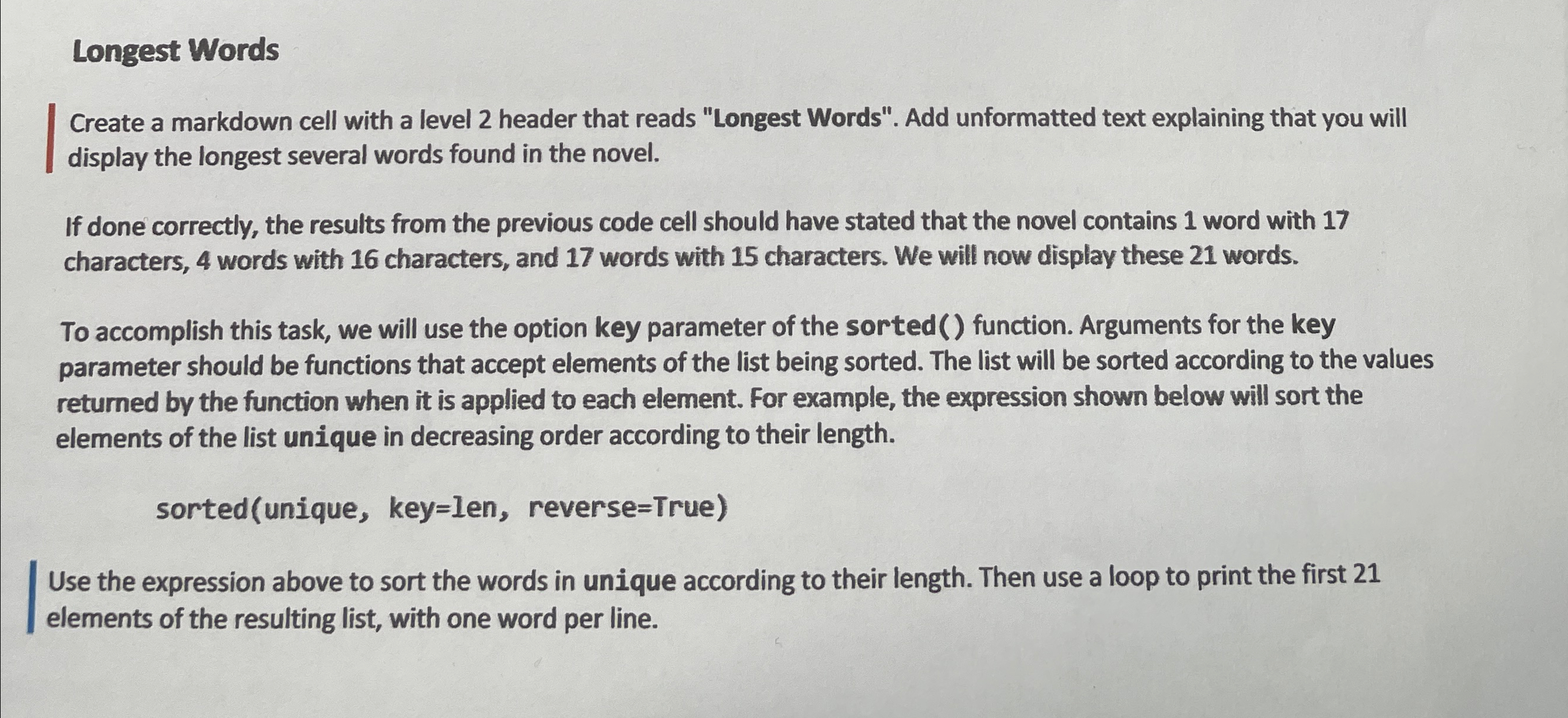 Solved Longest WordsCreate a markdown cell with a level 2 | Chegg.com