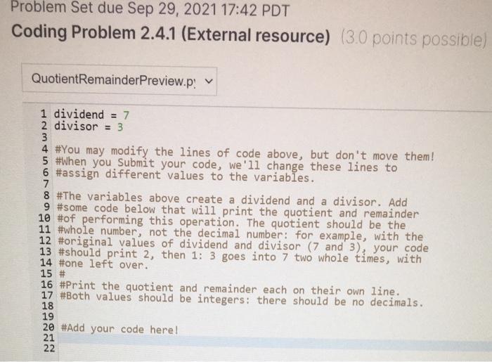 Solved Problem Set due Sep 29, 2021 17:42 PDT Coding Problem | Chegg.com