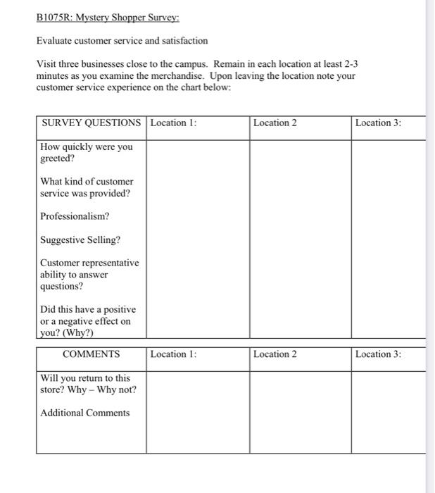 Solved B1075R Mystery Shopper Survey Evaluate customer