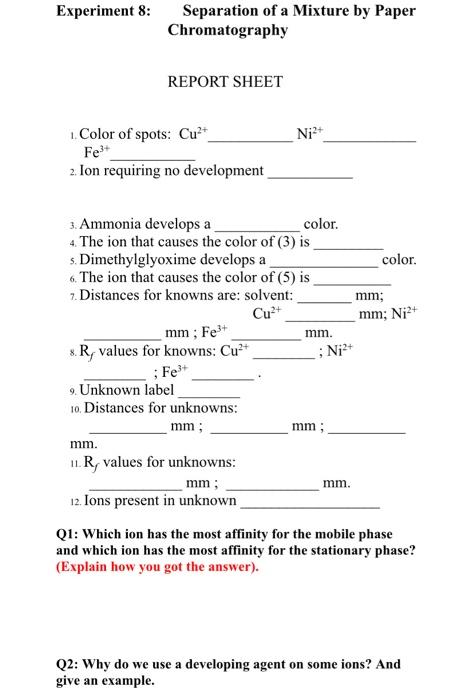 Solved Experiment 8: Separation of a Mixture by Paper | Chegg.com