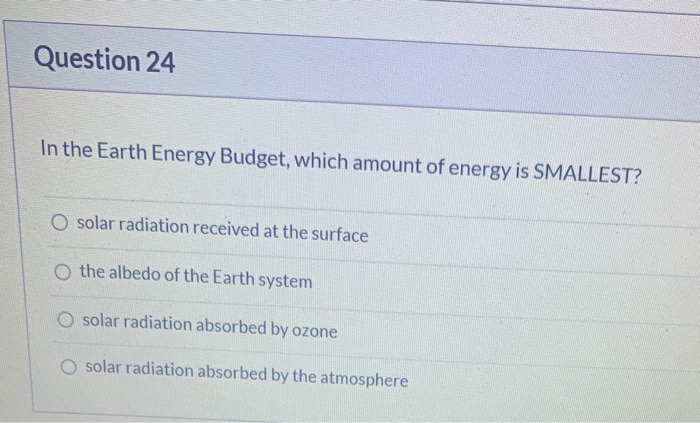 Solved Question 24 In the Earth Energy Budget, which amount | Chegg.com