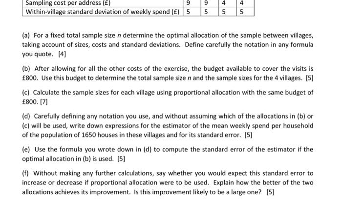 (a) For a fixed total sample size \( n \) determine the optimal allocation of the sample between villages, taking account of 