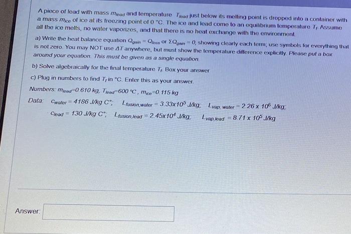 Solved A piece of lead with mass Mead and temperature Tread | Chegg.com