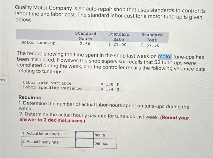 Solved Quality Motor Company is an auto repair shop that