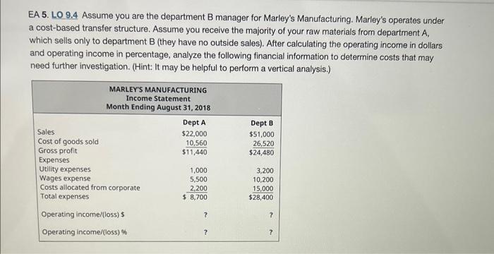 Solved EA 5. LO 9.4 Assume You Are The Department B Manager | Chegg.com