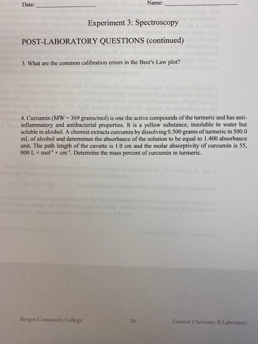 Solved Experiment 3: Spectroscopy POST-LABORATORY QUESTIONS | Chegg.com