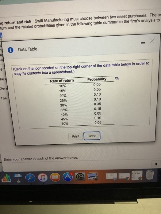 Solved Assessing return and risk Swift Manufacturing must