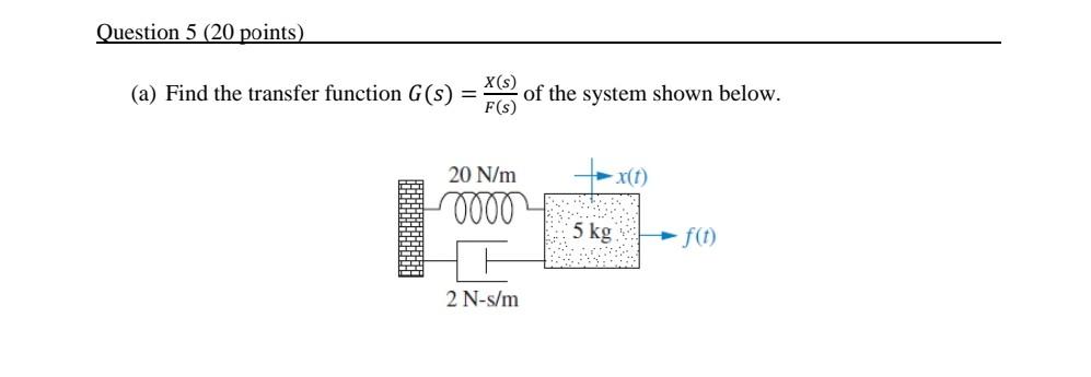 Solved (a) Find the transfer function G(s)=F(s)X(s) of the | Chegg.com