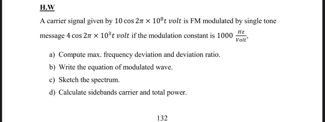 Solved H.W A carrier signal given by 10 cos 210 x 108t volt | Chegg.com