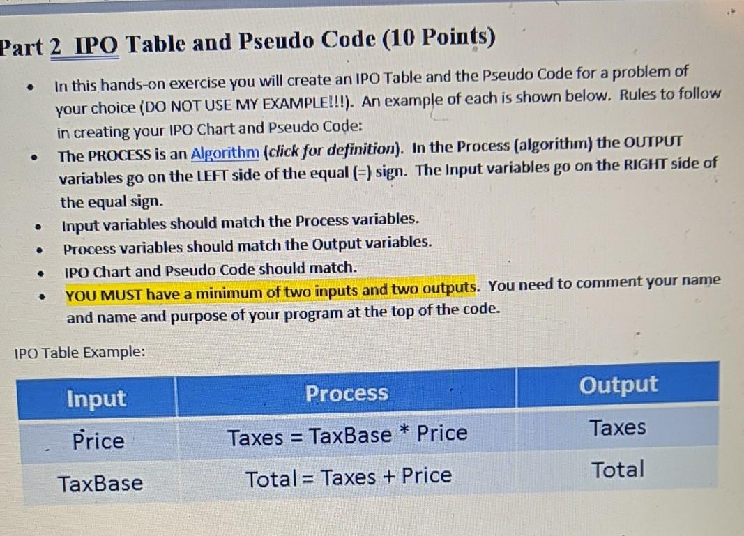 Solved Part 2 IPO Table and Pseudo Code (10 Points) . In | Chegg.com