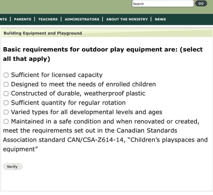 Basic requirements for outdoor play equipment are