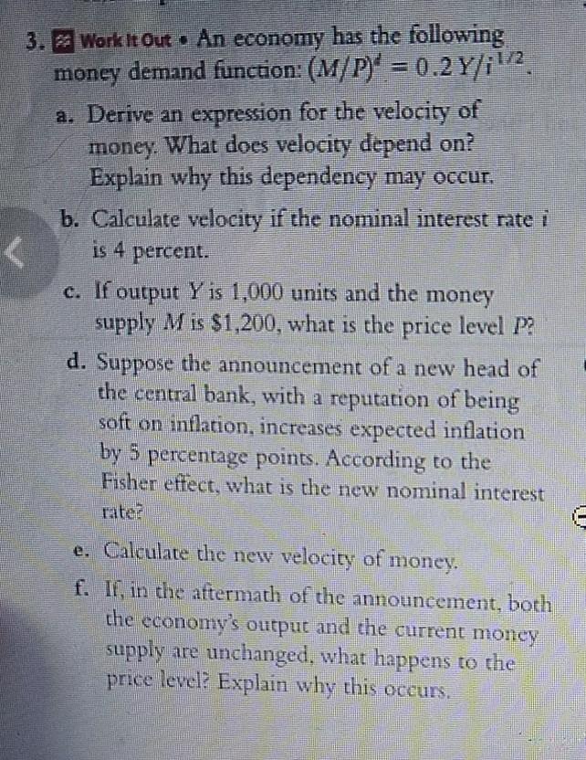 Solved 3. Work It Out • An Economy Has The Following Money | Chegg.com