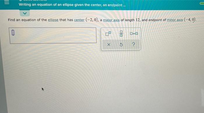 Solved Writing an equation of an ellipse given the center, | Chegg.com