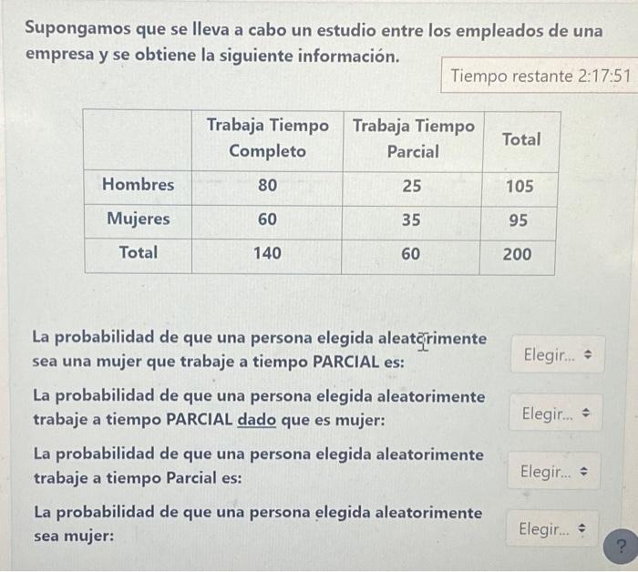 Supongamos que se lleva a cabo un estudio entre los empleados de una empresa y se obtiene la siguiente información. La proba