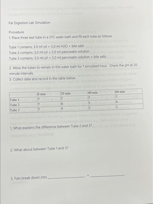 Fat Digestion Lab Simulation.
Procedure
1. Place three test tube in a 37C water bath and fill each tube as follows:
Tube 1 co