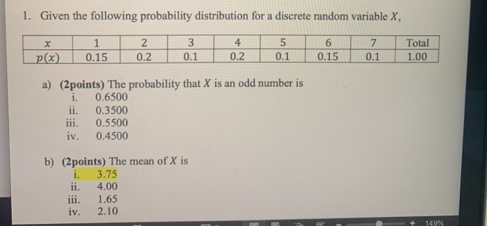 Solved 1. Given the following probability distribution for a | Chegg.com
