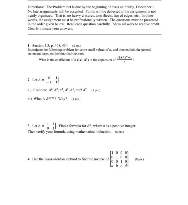 Solved Directions: The Problem Set Is Due By The Beginning | Chegg.com