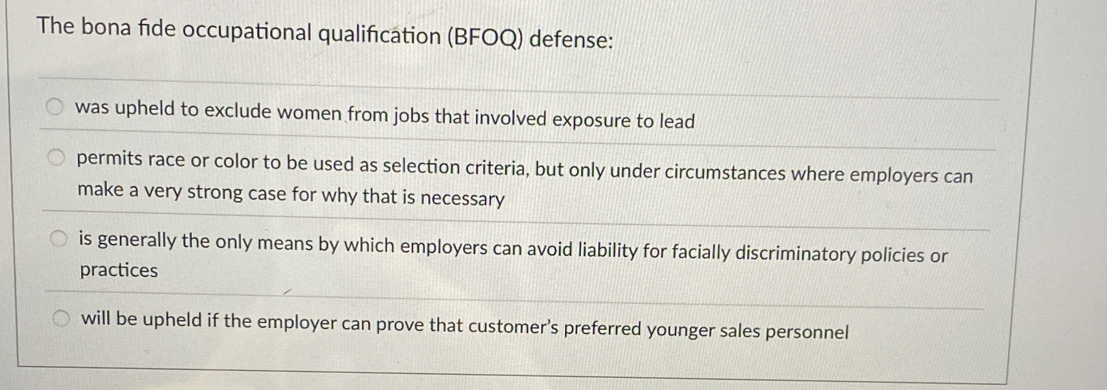 Solved The bona fide occupational qualification (BFOQ) | Chegg.com