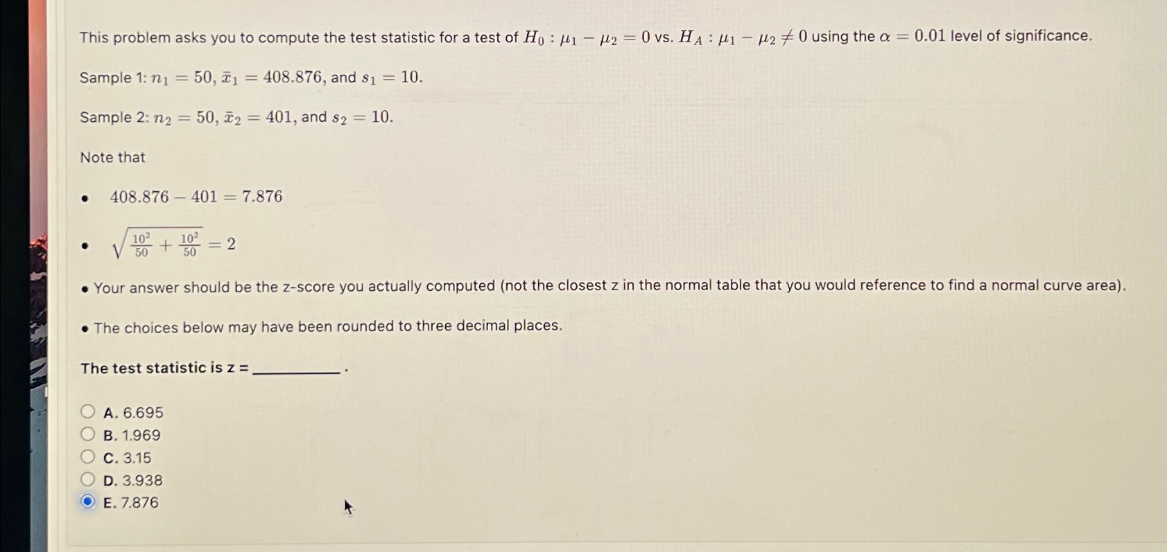 Solved This problem asks you to compute the test statistic | Chegg.com