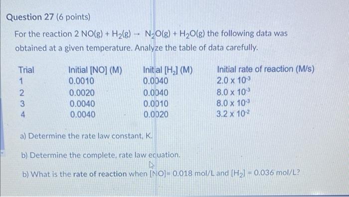 For the reaction \( 2 \mathrm{NO}(\mathrm{g})+\mathrm{H}_{2}(\mathrm{~g}) \rightarrow \mathrm{N}_{2} \mathrm{O}(\mathrm{g})+\