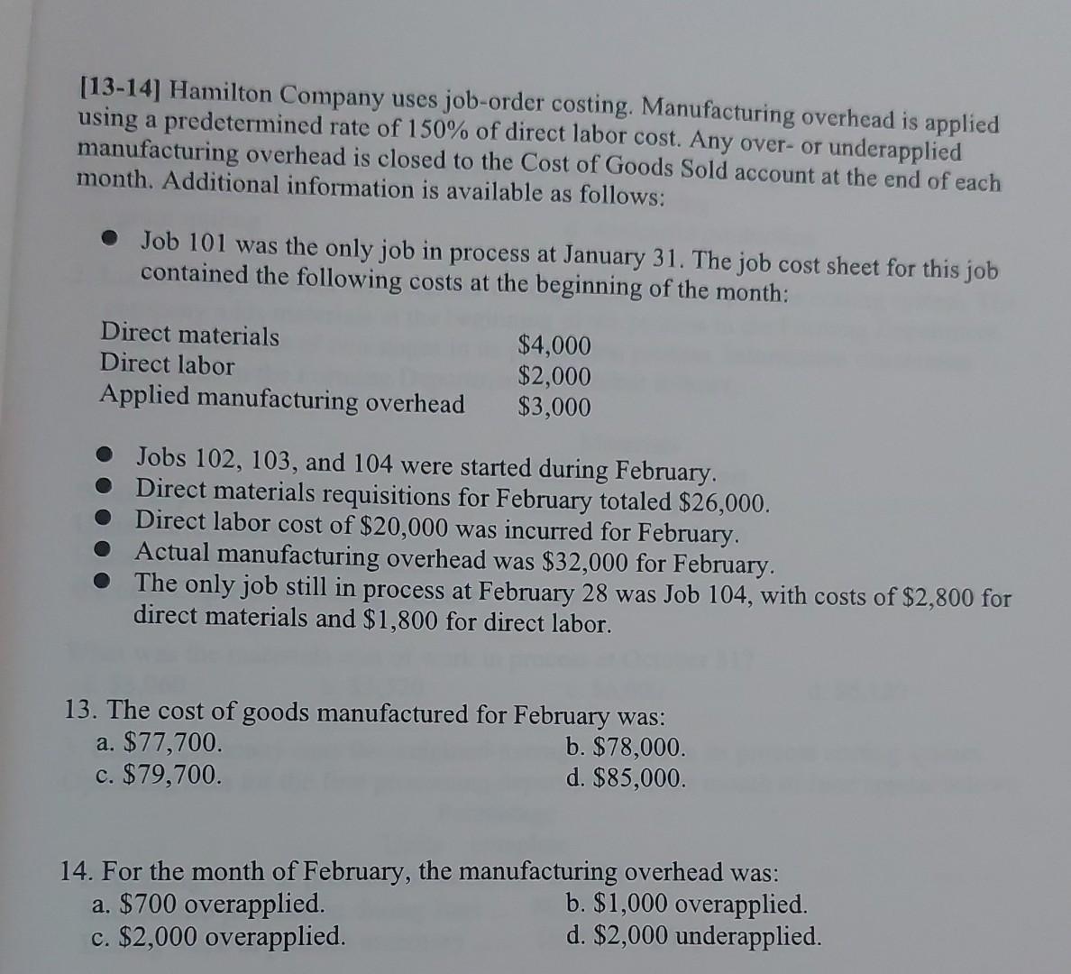 Solved [1314] Hamilton Company uses joborder costing.