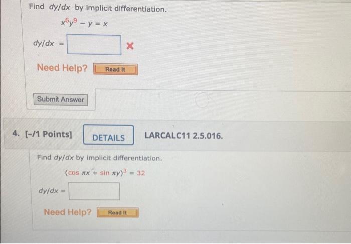 Solved Find dy/dx by implicit differentiation. x6y9−y=x | Chegg.com
