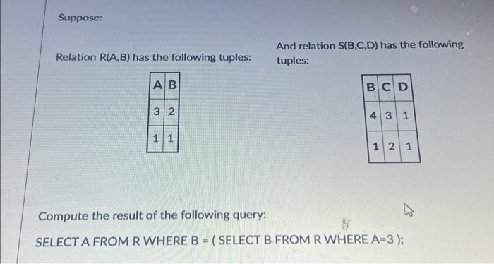 Solved Suppose: Relation R(A,B) has the following tuples: AB | Chegg.com
