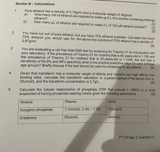 Solved Section B Calculations Pure Ethanol Has A Density Chegg Com