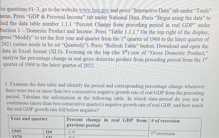 or questions #1 3, go to the website www.bea.gov and press Interactive Data tab under Tools nenu. Press GDP & Personal