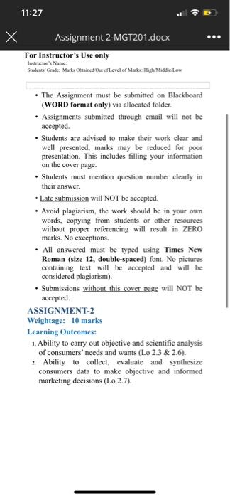 Solved 11:27 Assignment 2-MGT201.docx For Instructor's Use | Chegg.com