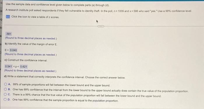Solved Н Use the sample data and confidence level given | Chegg.com