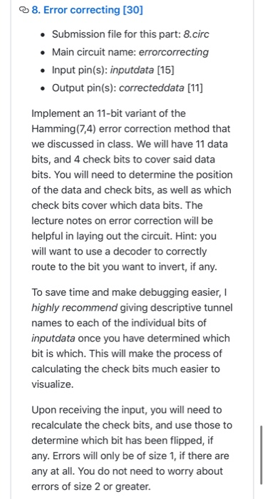 38. Error correcting [30] • Submission file for this part: 8.circ • Main circuit name: errorcorrecting • Input pin(s): inputd