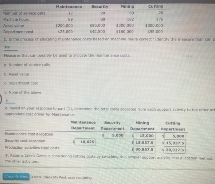 Solved Support activity cost allocation Jake's Gems mines