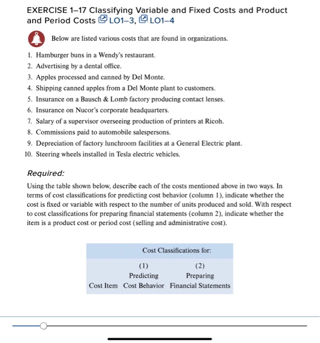 Solved EXERCISE 117 Classifying Variable and Fixed Costs