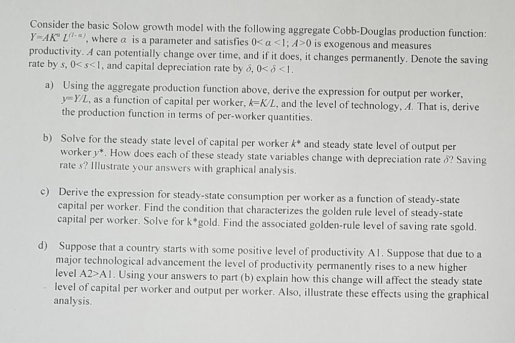 Solved Consider the basic Solow growth model with the | Chegg.com