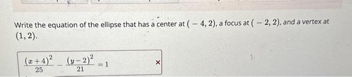 Solved Write the equation of the ellipse that has a center | Chegg.com