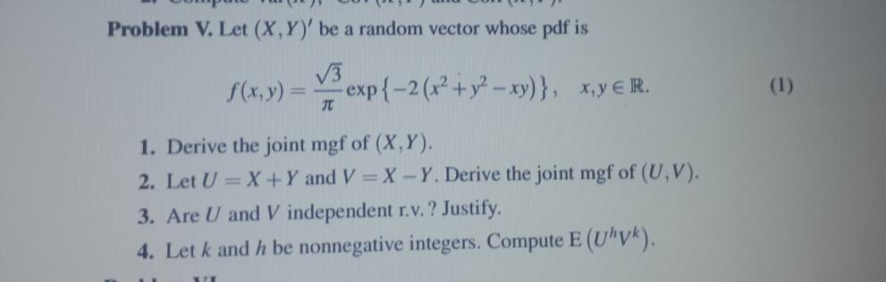 Problem V Let X Y Be A Random Vector Whose Pdf Chegg Com