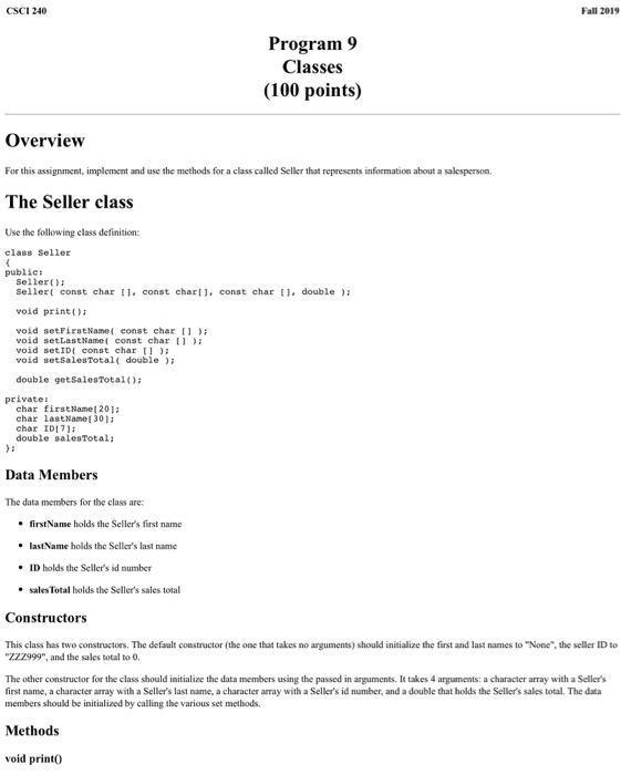 Solved CSCI 240 Fall 2019 Program 9 Classes (100 Points) | Chegg.com