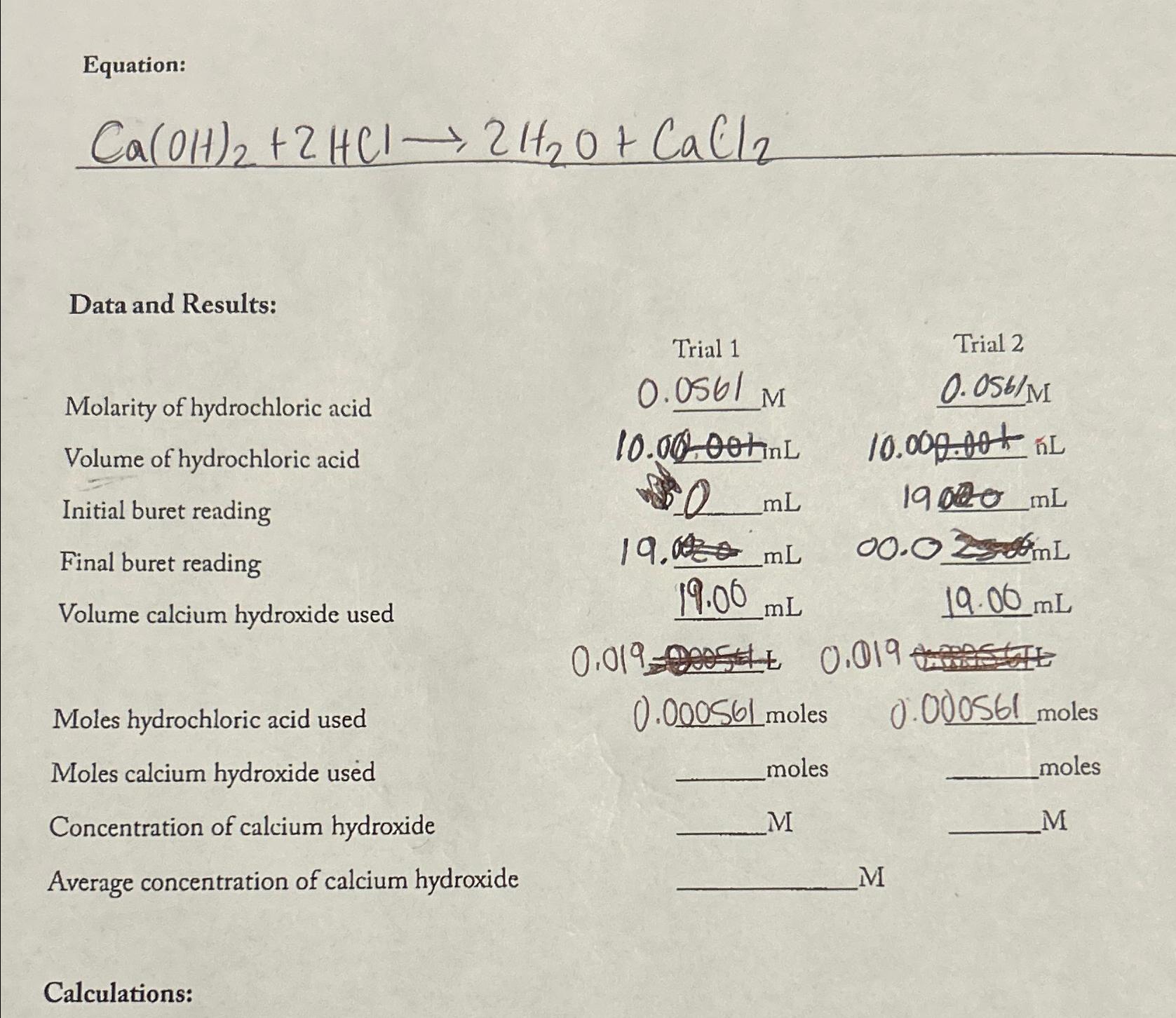 Solved Equation:Ca(OH)2+2HCllongrightarrow2H2O+CaCl2Data and | Chegg.com
